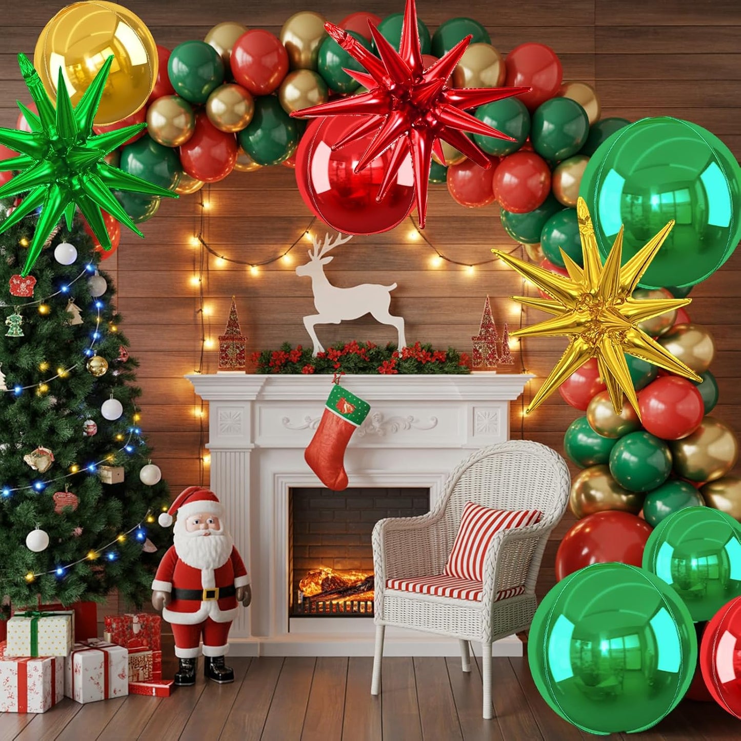 6Pcs Red Green Gold Foil Balloons,22Inch Green Red Gold 4D Round Ball Balloon and Explosion Star Balloon for Christmas Birthday Wedding Baby Shower Anniversary Party Decorations