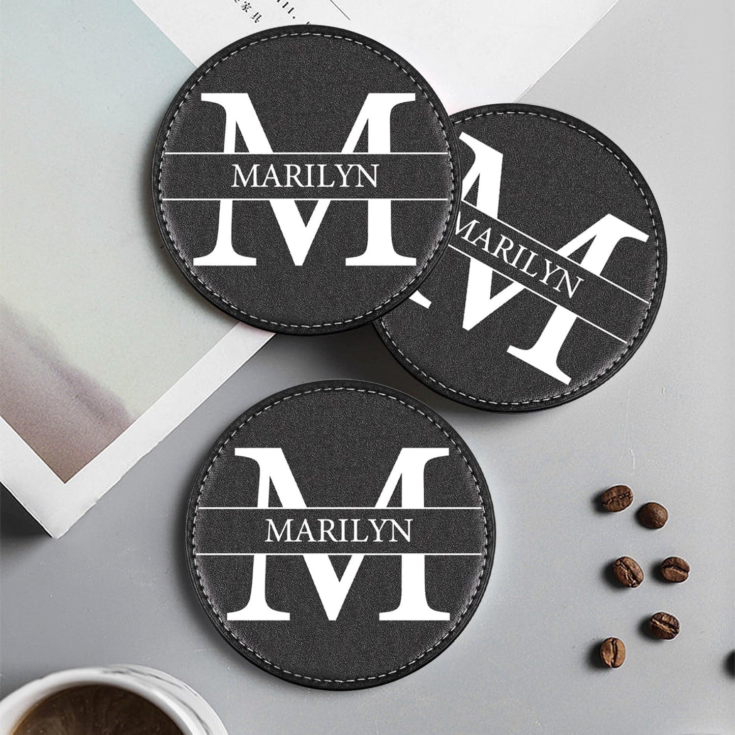 Custom Coasters Set of 6, Personalized Leather Coasters for Drinks with Holder, Customized Coasters Name, Photo, Logo for Coffee Table Bar Wine Cup Housewarming