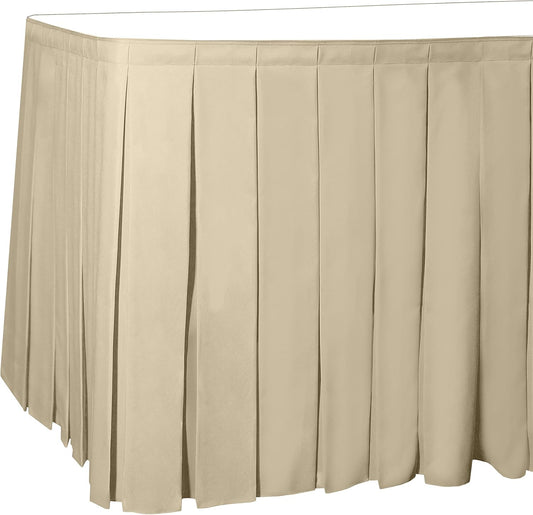 Ultimate Textile Pleat Polyester Fabric Table Skirt - Machine Washable Flame Resistant with Clips for Events, Weddings & Trade Shows, Cut & Sewn in Paterson, NJ - Tan, 14' Box Pleat