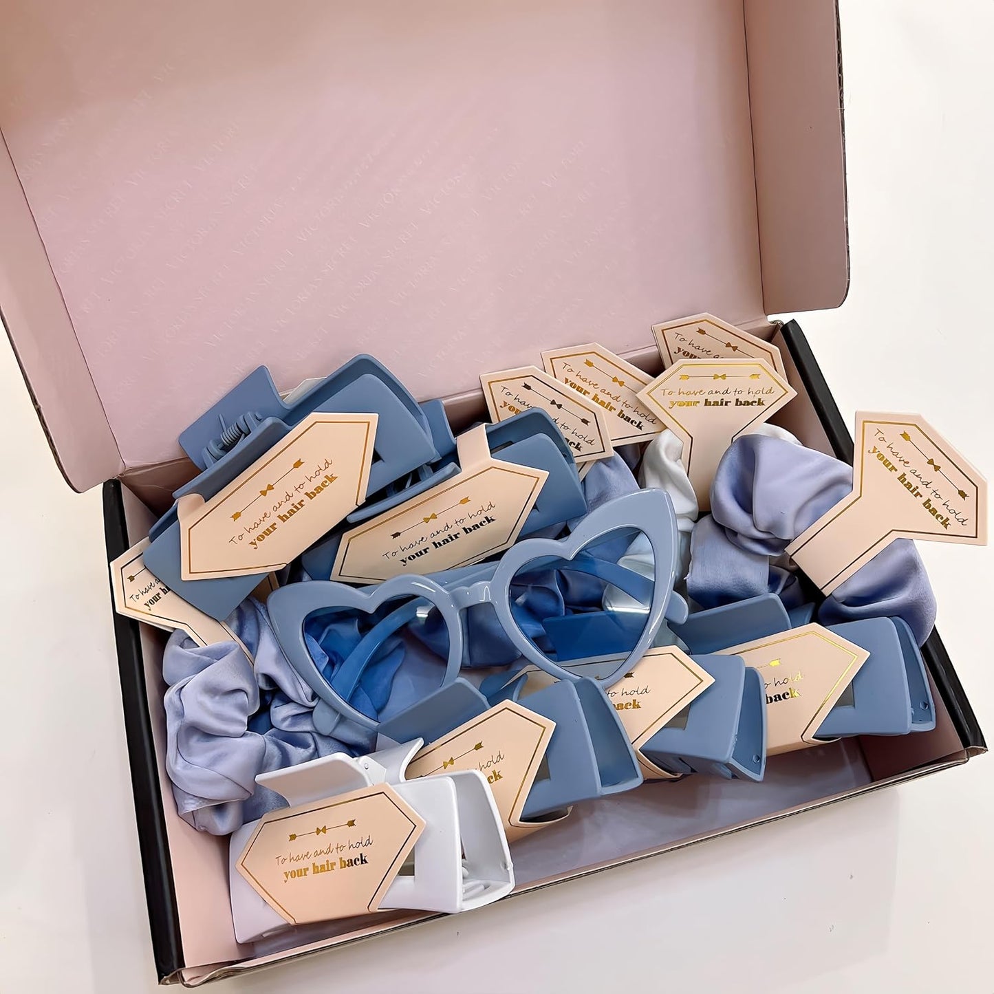 Bridesmaid Scrunchies Proposal Gifts Bachelorette Hair Claws Clips Girls heart sunglasses for Wedding Party Favors (White&Blue 40sets)