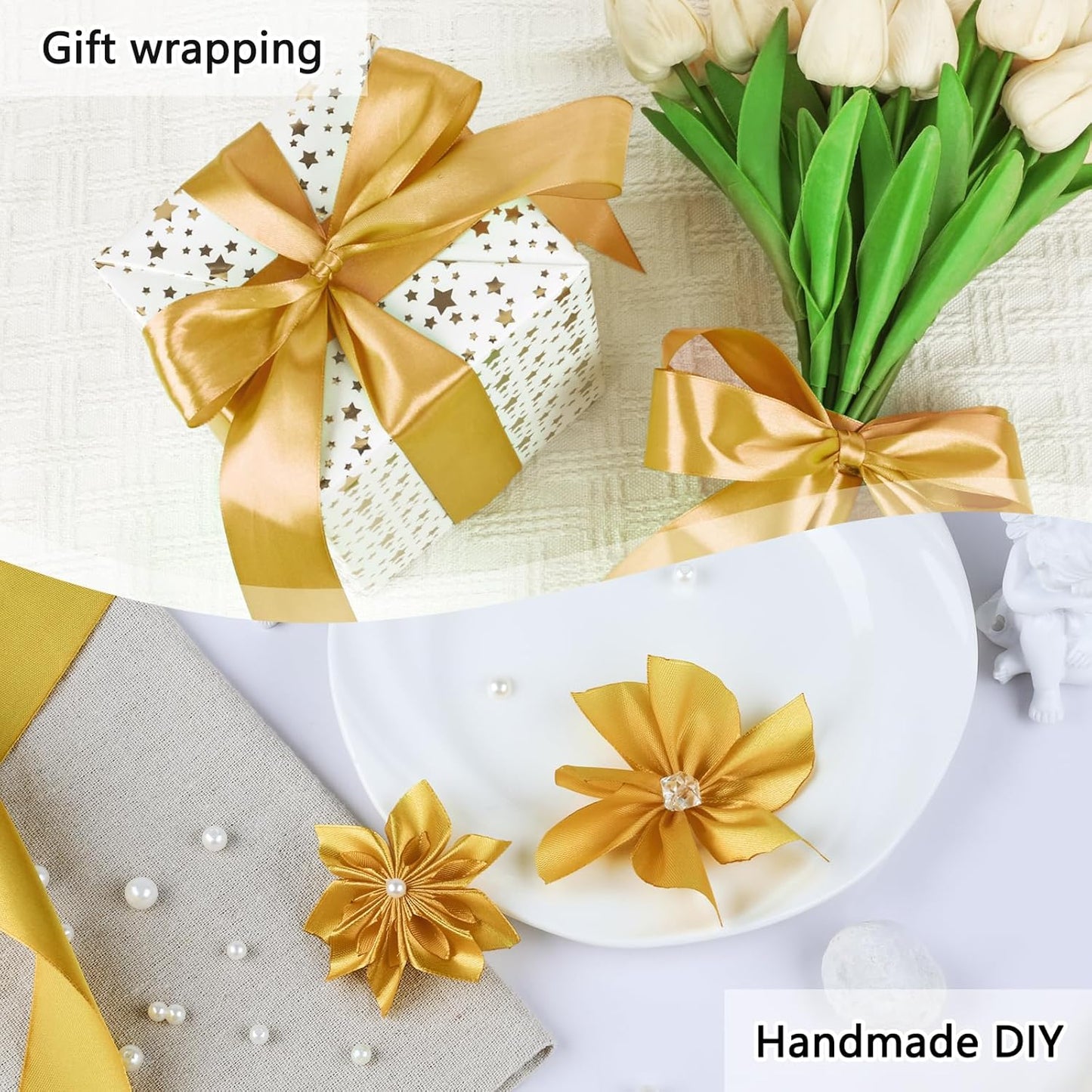 NESCCI 60 Yards Ribbon,1-1/2 Inch Gold Satin Ribbon,Single Face Satin Ribbons,Perfect for Gift Wrapping,Wedding Decoration,Handmade Bows,Wrapping Bouquet and More