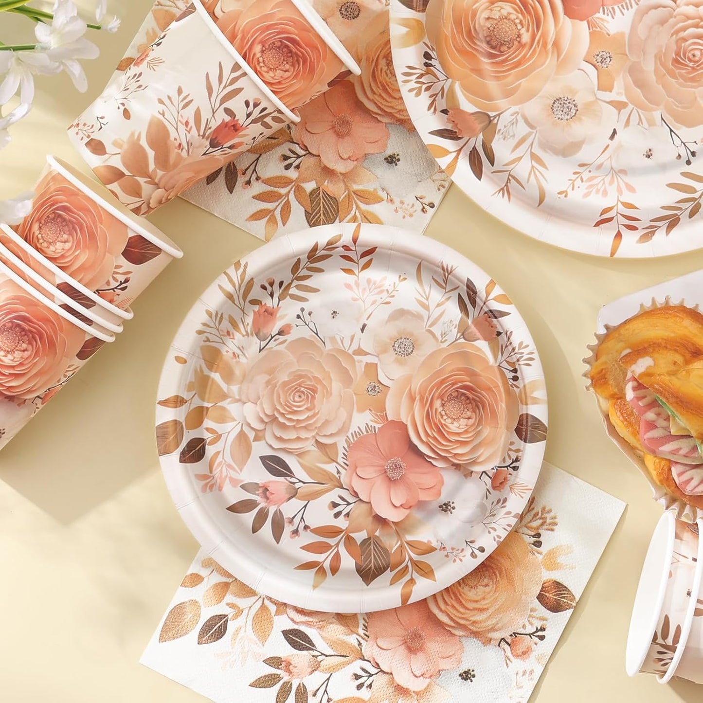 Boho Plates and Napkins Sets for 25 Guests, Floral Birthday Party supplies for Boho Fall Party Decorations