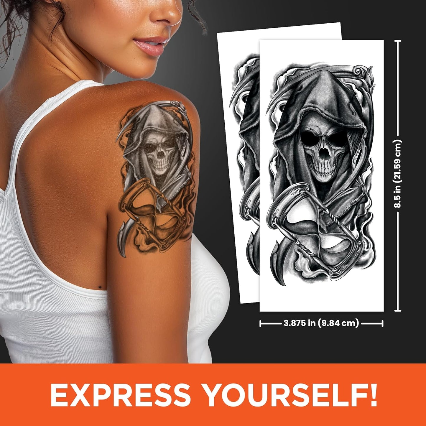 Skull Temporary Tattoo Sleeves – Realistic Full Arm Fake Tattoos for Men & Women, Slip-On Sleeve Style, Reusable Halloween Costume Accessory or Cosplay Prop