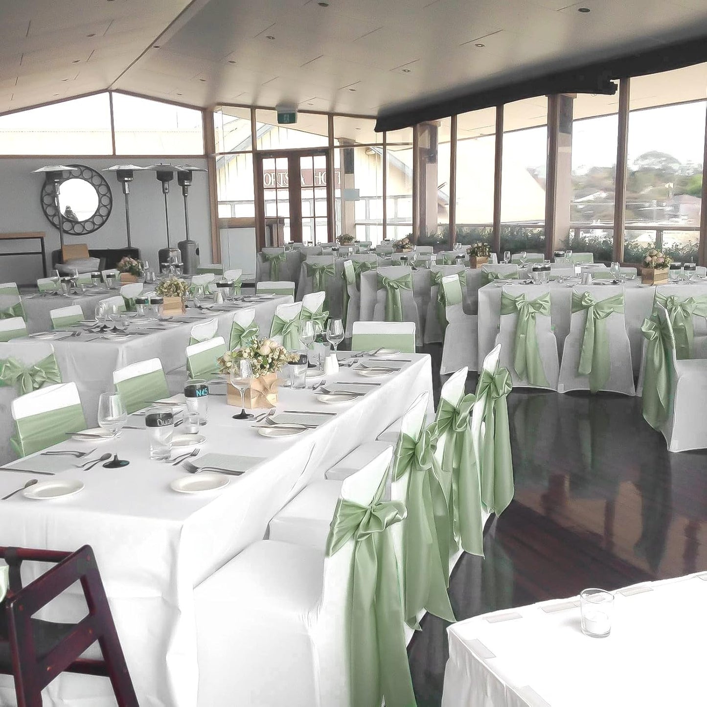 fani 60 PCS Sage Green Satin Chair Sashes Bows Universal Chair Cover for Wedding Reception Restaurant Event Decoration Banquet,Party,Hotel Event Decorations (7 x 108 inch)