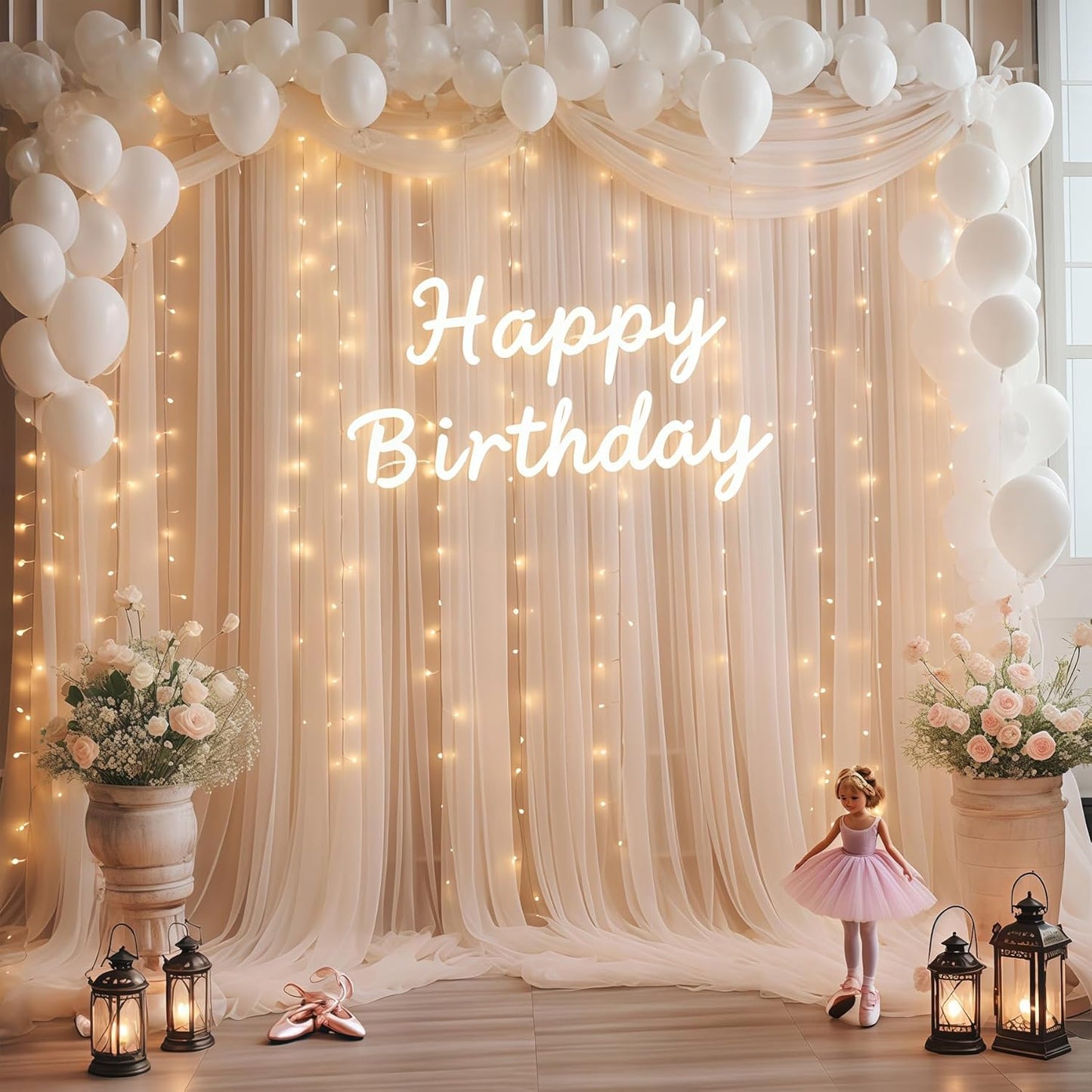 10×10ft Champagne Tulle Backdrop Curtain with Lights String for Parites, Sheer Photo Curtain Backdrop Drapes for Wedding Party Photography Backgrounds