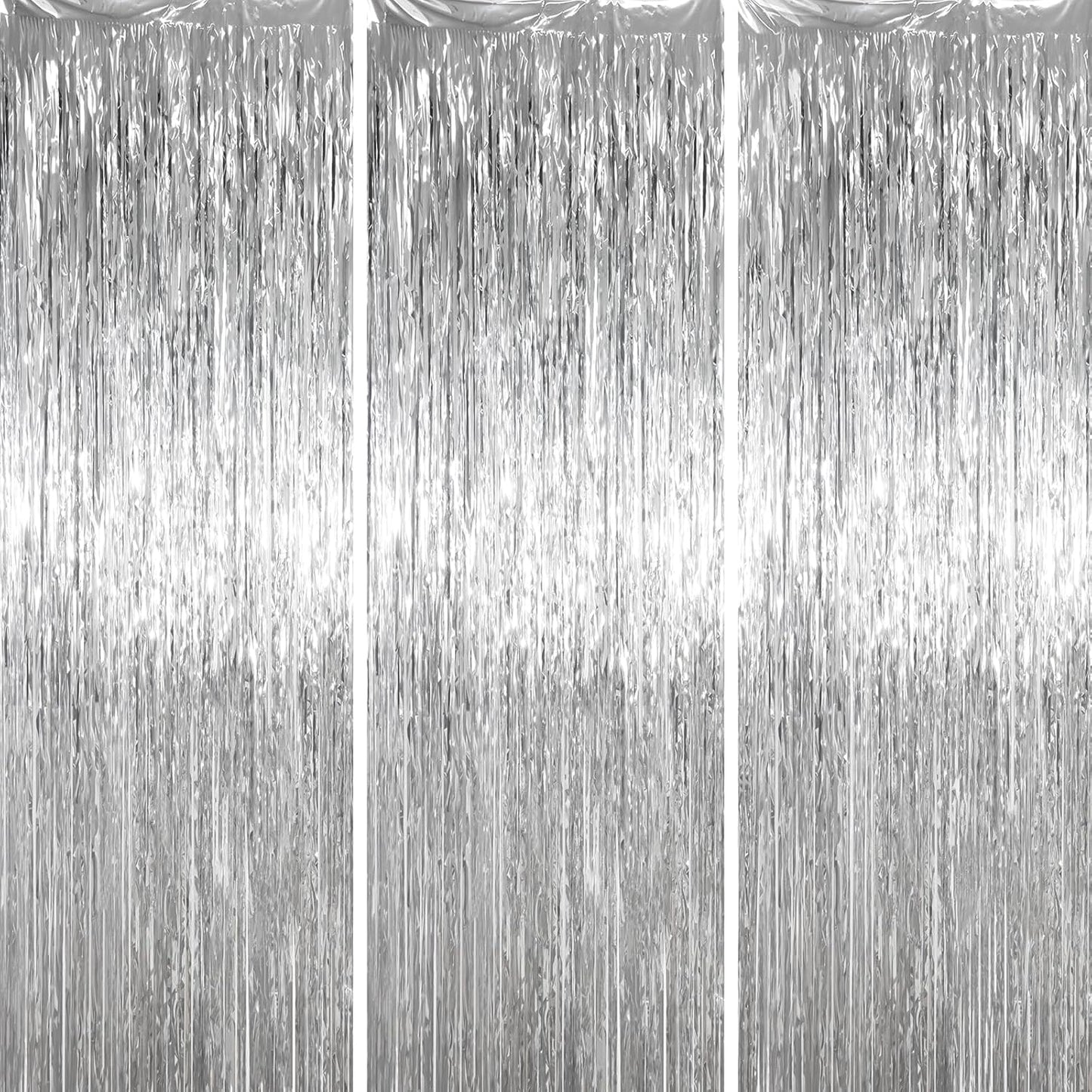3 Pack 3.3 x 6.6 ft Silver Foil Fringe Backdrop Curtains, Tinsel Streamers Party Decorations, Fringe Backdrop for Birthday, Baby Shower, Gender Reveal, Graduation