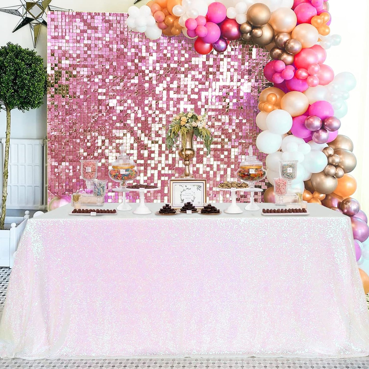QueenDream Tablecloth 90x156 Rectangle Sequin Tablecloth White Iridescent Wedding Table Linens Glitter Birthday Bridal Party Indoor Outdoor Decorations