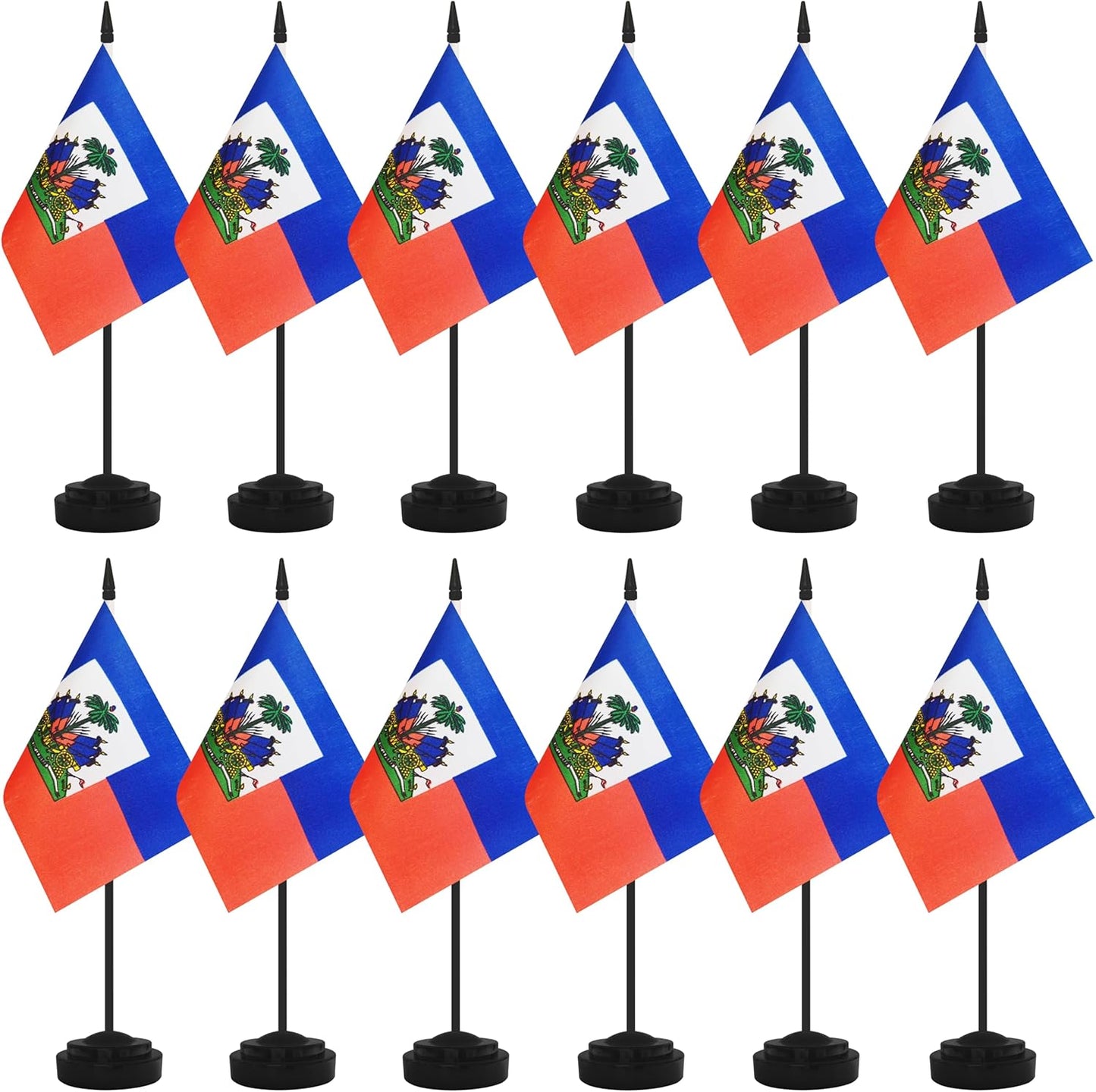 12 Pack Haiti Desk Flags, Haitian Desktop Flag, Small Miniature Office Flags with 12" Black Pole and Black Base, Offices, Classroom, Home, Festival Decoration (Haiti)