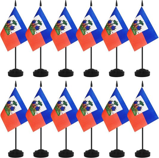 12 Pack Haiti Desk Flags, Haitian Desktop Flag, Small Miniature Office Flags with 12" Black Pole and Black Base, Offices, Classroom, Home, Festival Decoration (Haiti)