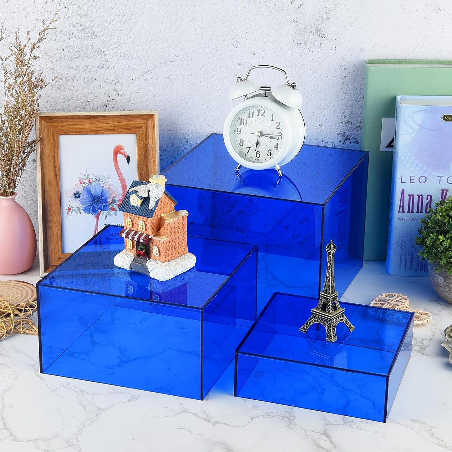 3Pcs Blue Buffet Risers Acrylic Boxes Display Food Risers for Buffet Table Platter Parties Weddings Catering Dessert Collectibles Figures Show ( 6''x7''x8'')
