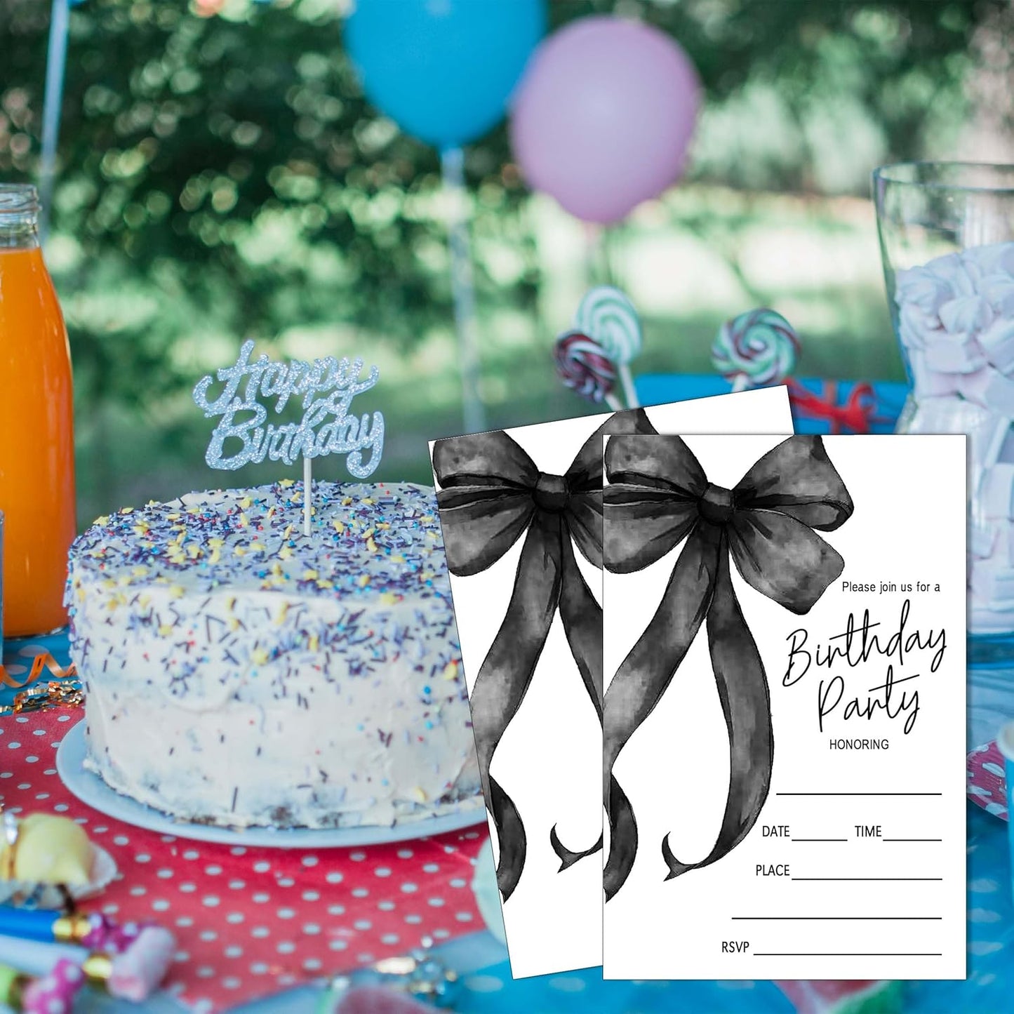 SIXEIGHT Black Bow Birthday Invitations, Black Ribbon Bow Birthday Party Invitations, 20 Party Invitations with Envelopes for Girls Boys, Birthday Party Favor & Decoration (4"x6")-A02