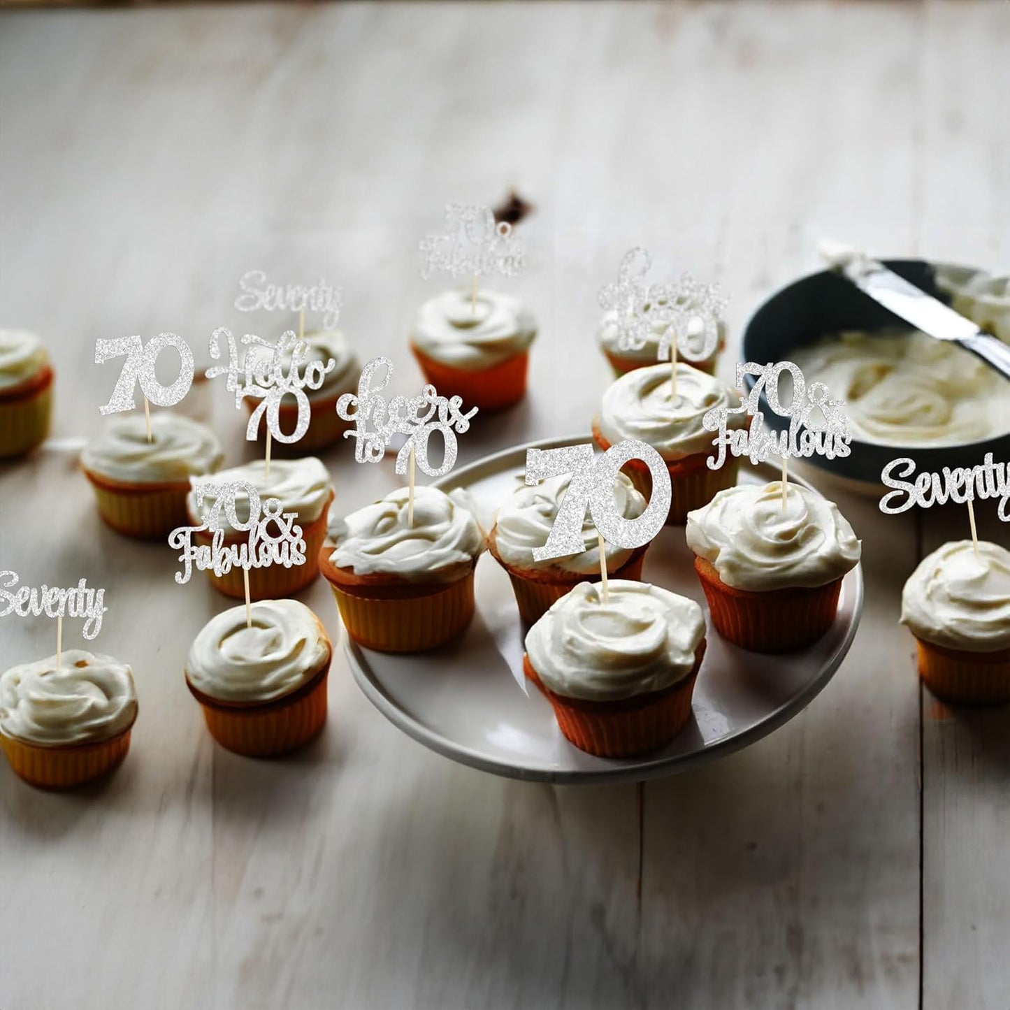 30Pcs Happy 70th Birthday Cupcake Toppers Seventy Cheers to 70 Years Old Birthday Cupcake Picks for 70th Birthday Anniversary Party Cake Decorations Supplies Silver Glitter