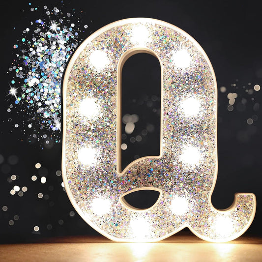 Pooqla Light Up Letters, LED Marquee Letters for Silver Birthday Decorations, Battery Powered Night Light Teenager Girl Room Decor, Gift for Girls Boys Wedding Bedroom Christmas Party Decor, Letter Q