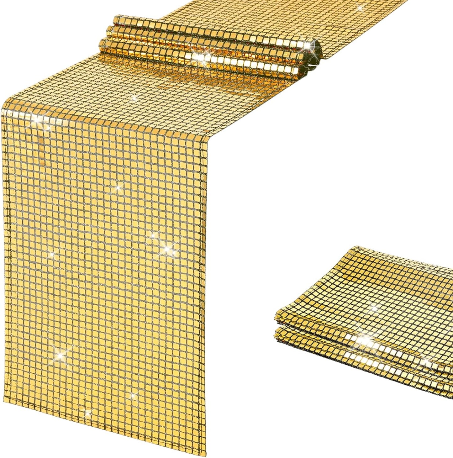 SquarePie Disco Table Runner Mirror Glitter Black and Gold Sequin Runner for 70s 80s Disco Dance Bachelorette Party Supplies Table Decorations (12x108 Inches ,2 Pack)