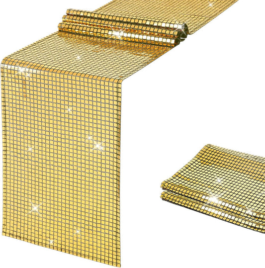 SquarePie Disco Table Runner Mirror Glitter Black and Gold Sequin Runner for 70s 80s Disco Dance Bachelorette Party Supplies Table Decorations (12x108 Inches ,2 Pack)