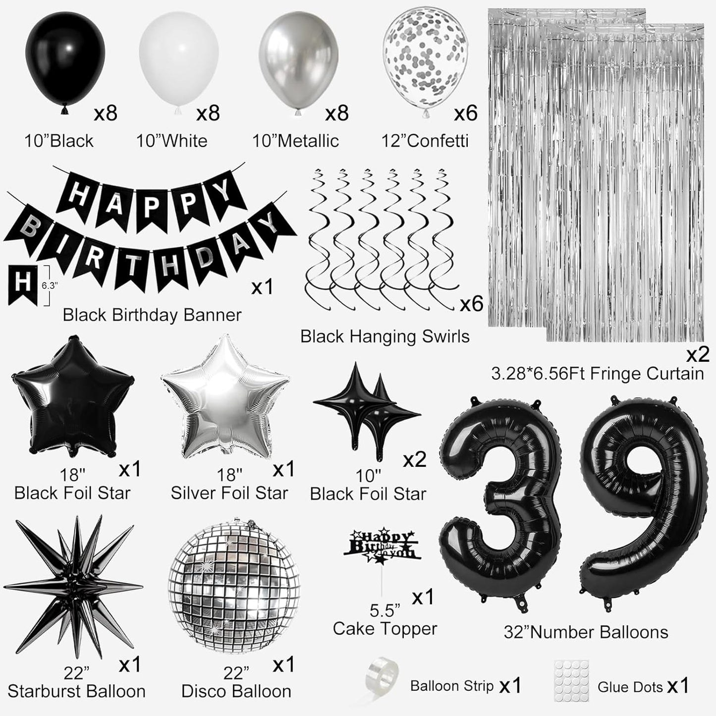 39th Birthday Decorations for Men Women, Black Silver Happy Birthday Party Decorations， 39 Year Old Party Supplies with Number 39 Balloons, Banner, Fringe Curtains Kit