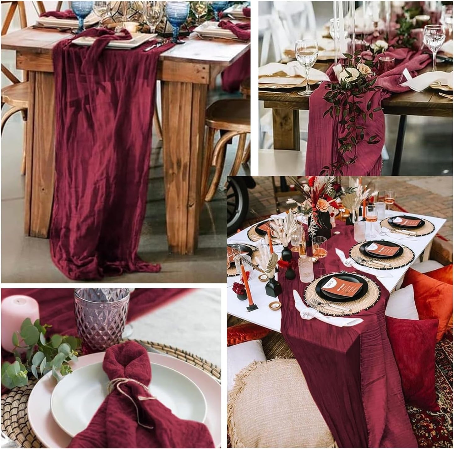 Burgundy 12 Pack Cheesecloth Table Runner 10FT Rustic Gauze Cheese Cloth Table Runner for Wedding Bridal Baby Shower Table Decor 20 x 120 Inch Long Boho Fabric Sheer Birthday Party Table Decorations
