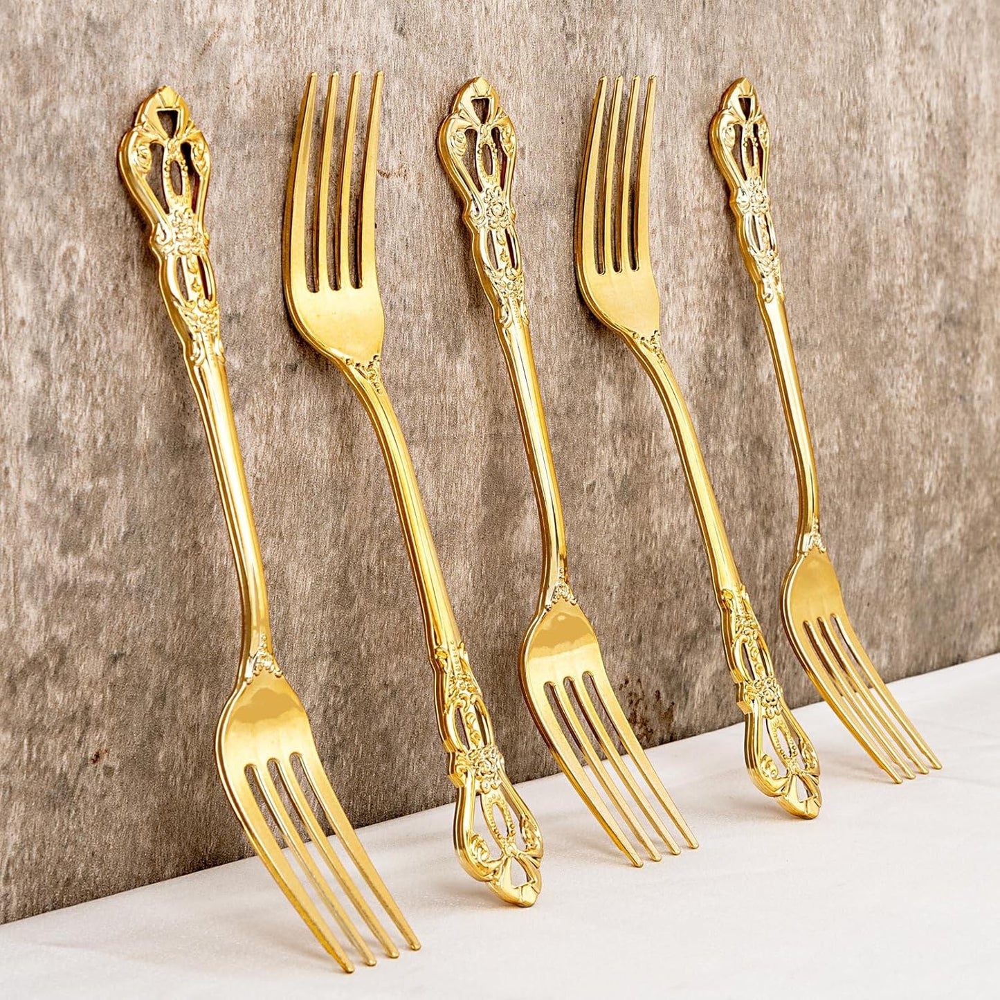 150PCS Gold Plastic Forks - 8.1inch Gold Forks Disposable - Vintage Heavy Duty Dessert Forks - Premium Fancy Plastic Silverware for Parties, Weddings, Dinners and Events