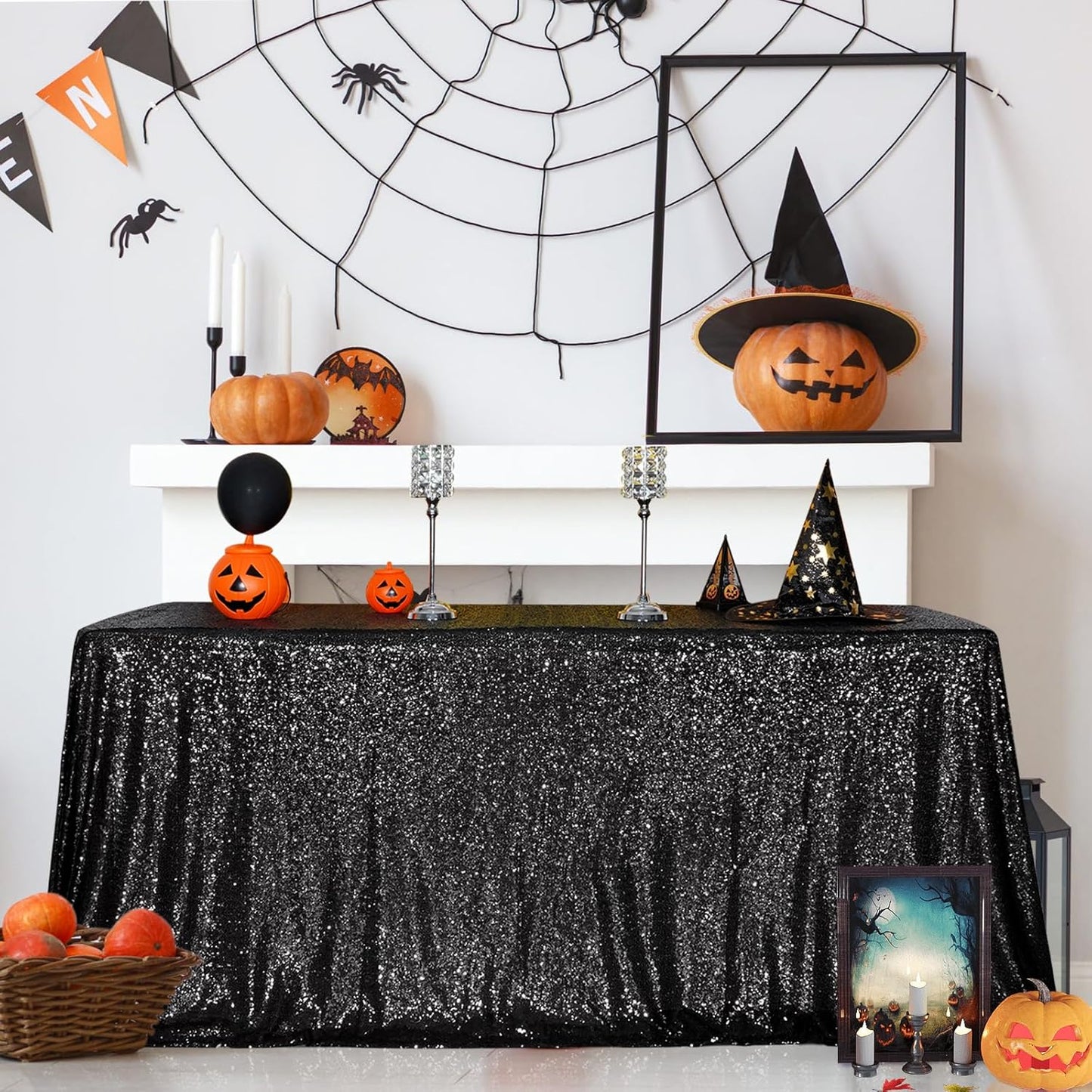 SquarePie Sequin Tablecloth 60 x 120 Inch Black Sparkly Table Linen for Halloween Wedding Party