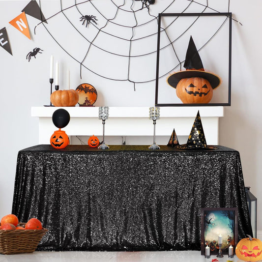 SquarePie Sequin Tablecloth 60 x 102 Inch Black Sparkly Table Cloth for Halloween Wedding Party
