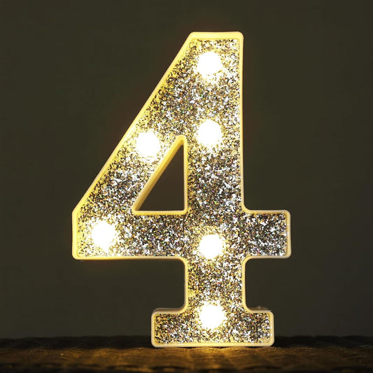 Marquee Light Letters for Table Decorations, Glitter Light Up Signs for Prom, Events, or Engagement Party Decor, Featuring Alphabet & Number Lighted Letters, Number 4