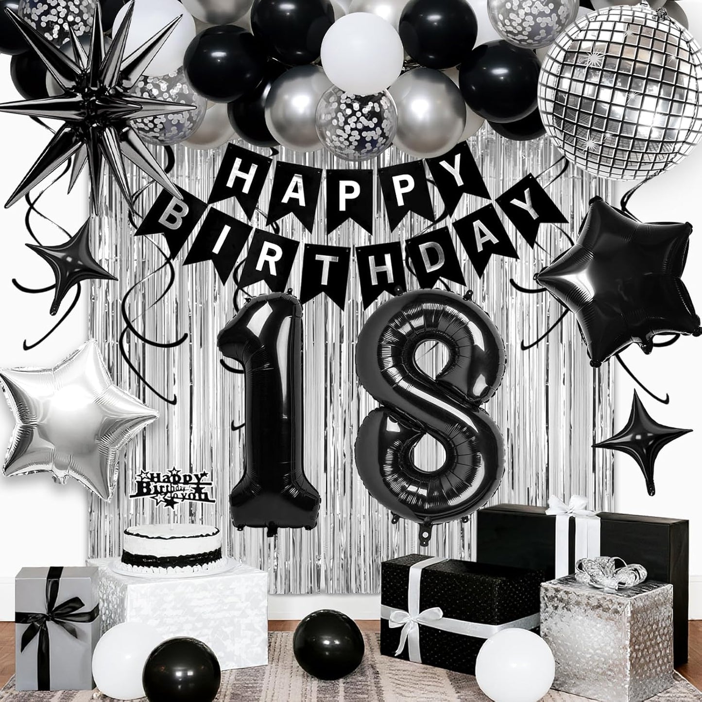 18th Birthday Decorations for Boys Girls, Black Silver Happy Birthday Party Decorations， 18 Year Old Party Supplies with Number 18 Balloons, Banner, Fringe Curtains Kit