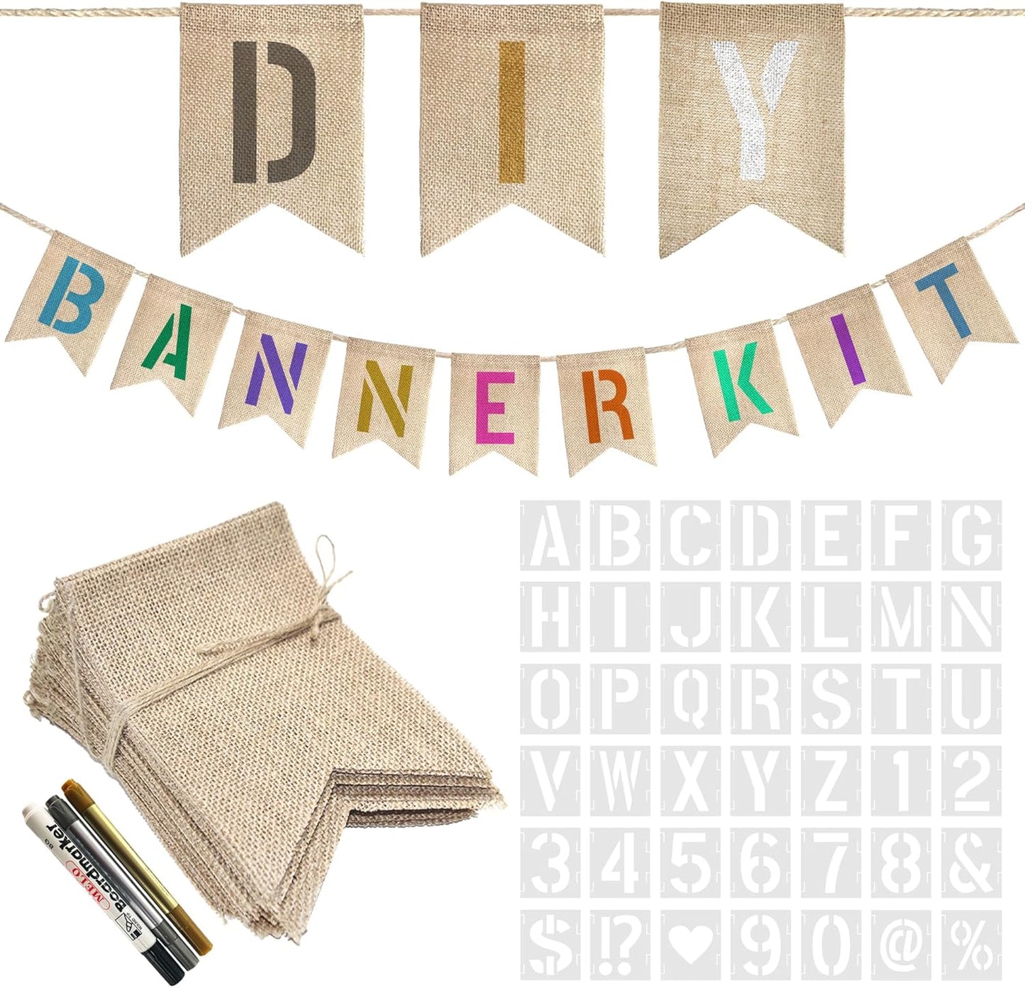 30 PCS DIY Burlap Banner with 42 PCS Letter Stencil Kit For Birthday Personalized Burlap Banner Set For Party