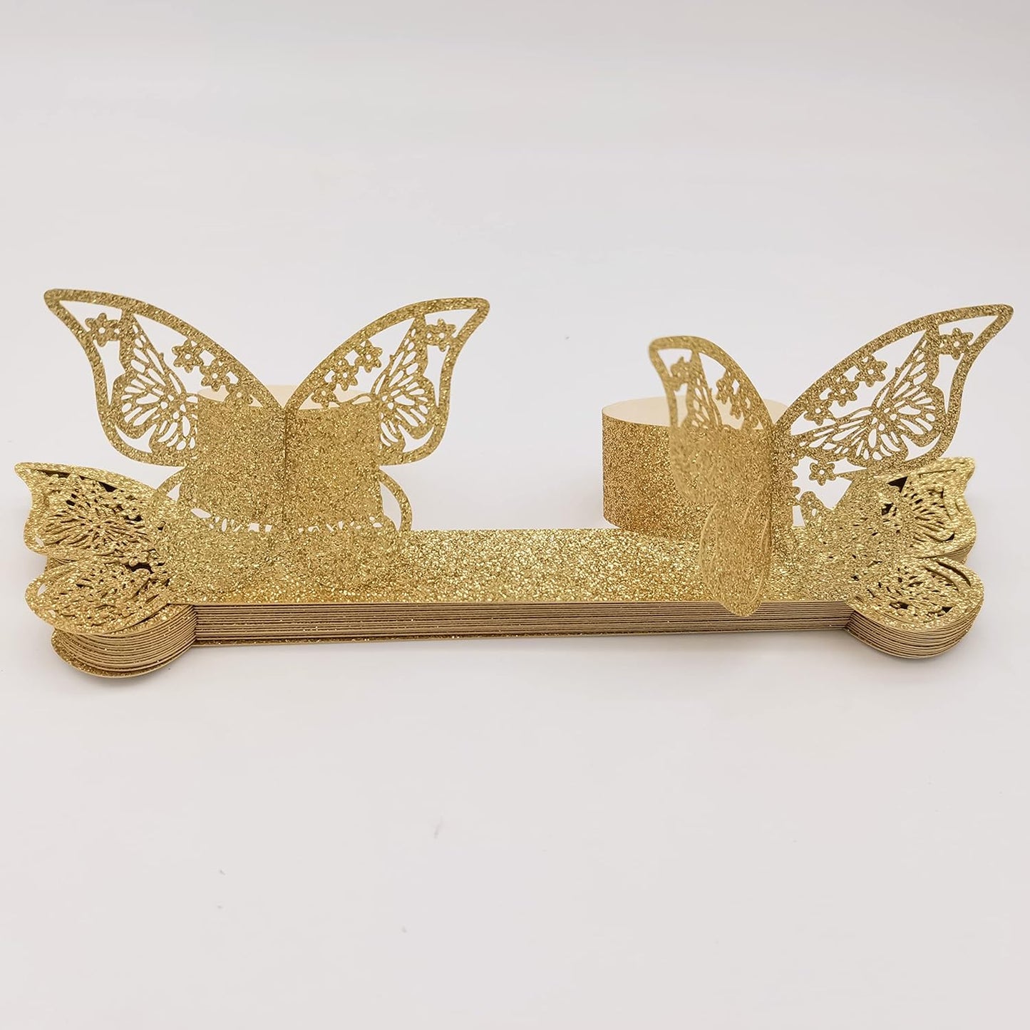 Butterfly Bright Gold Paper Napkin Rings Set of 100 pcs，3D Laser Cut Foil Cutout Paper Napkins Holder,Disposable Serviette Rings for Tables,Decorations,Wedding,Dinner,Party Decor