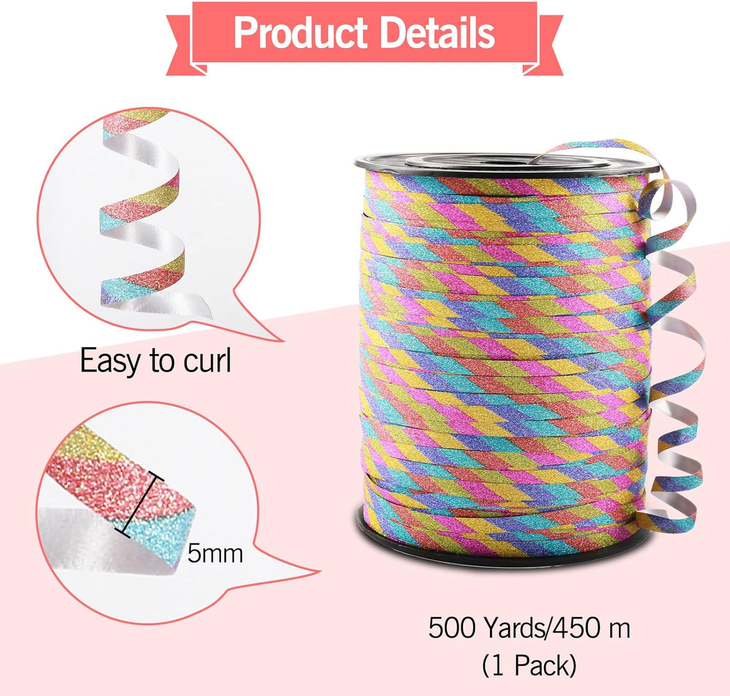 500 Yard Curling Ribbon, Rainbow Glitter Curly Ribbons for Gift Wrapping, Balloon String Ribbon, Thin Gift Wrap Ribbon for Valentine's Day Wedding Birthday Party Christmas Decorations