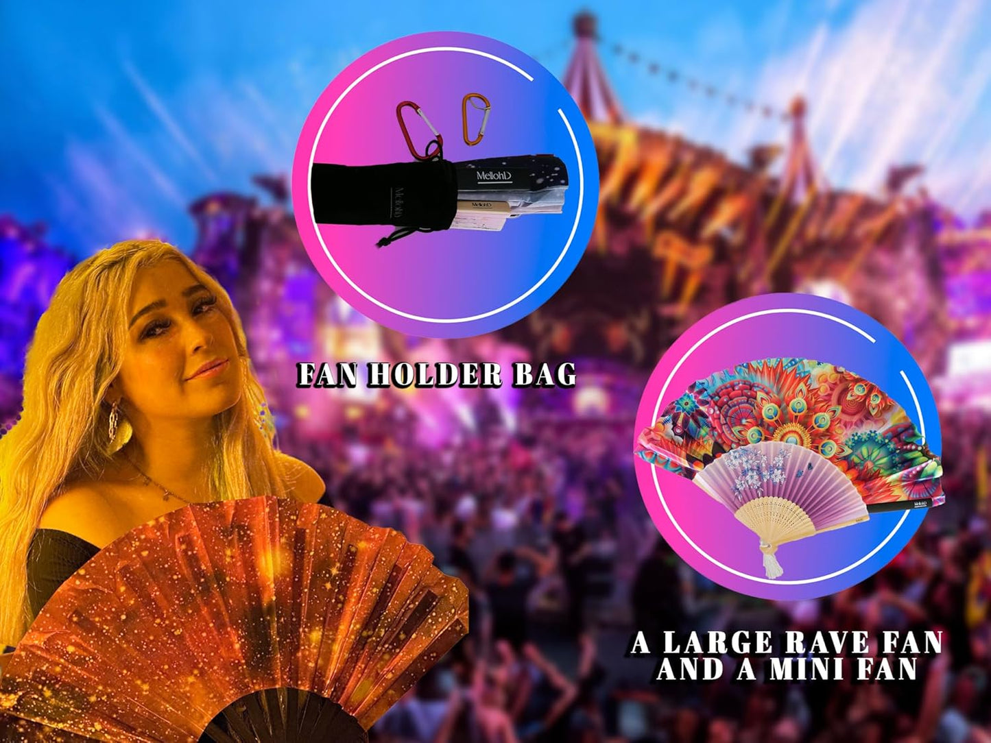 Large Rave Fan - 2 Pack Handheld Folding Fans With Holder - Accessories for Festivals, EDM, Burlesque, Drag Queen, Raver Gifts (Meteorite)