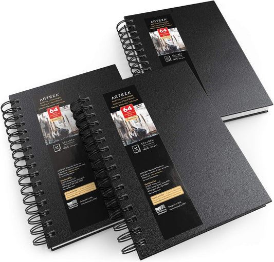 ARTEZA Watercolor Sketchbook Set, 3-Pack, 64 Pages per Book, 5.5 x 8.5 Inches, Black Hardcover Spiral Notebooks, 140-Pound Premium Watercolor Paper for Artists