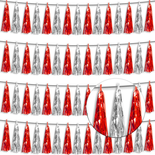4P Red Silver Foil Fringe Tassel Banner Garland Metallic Tinsel Streamers Wall Hanging Curtain Backdrop Banner for Parade Floats, 2024 Graduation Decorations, Father's Day, Wedding Party Decoration