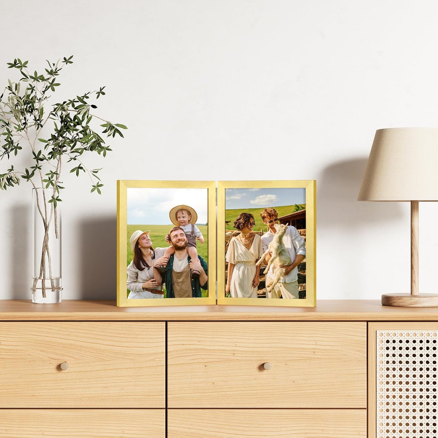 decorUhome Double 8x10 Picture Frame Vertical, Engineered Wood Bifold Photo Frame with Plexiglass for Tabletop Display, 8x10, Gold