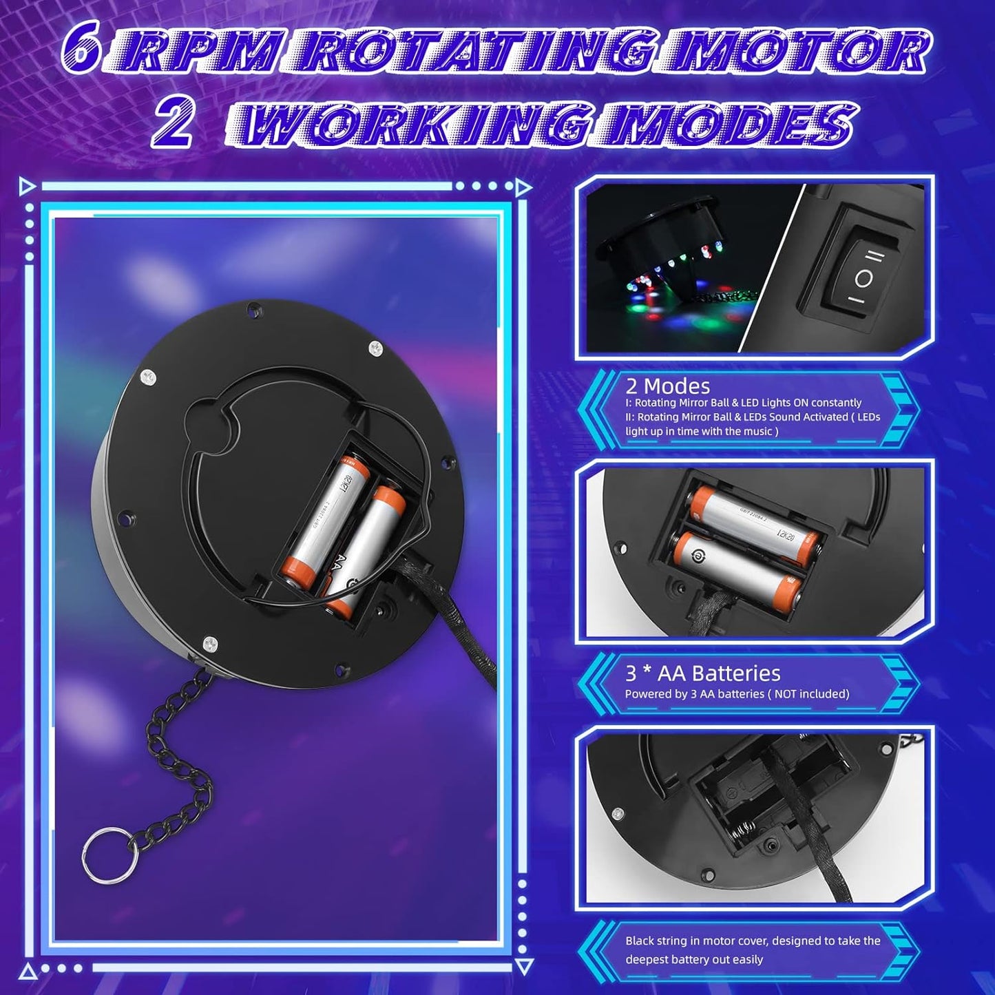 Disco Ball with Motor and Light, 8" Hanging Mirror Ball and 6RPM Batteries Powered Rotating Motor with 4 Light Colors and 18 LEDs for Disco Party Decoration, DJ Club