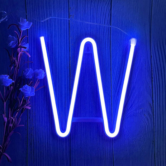 LED Blue Neon Letter Signs Night Light Battery or USB Operated LED Marquee Letters Neon Art Decorative Lights Wall Decor for Children Baby Room Christmas Wedding Party Decoration (W)
