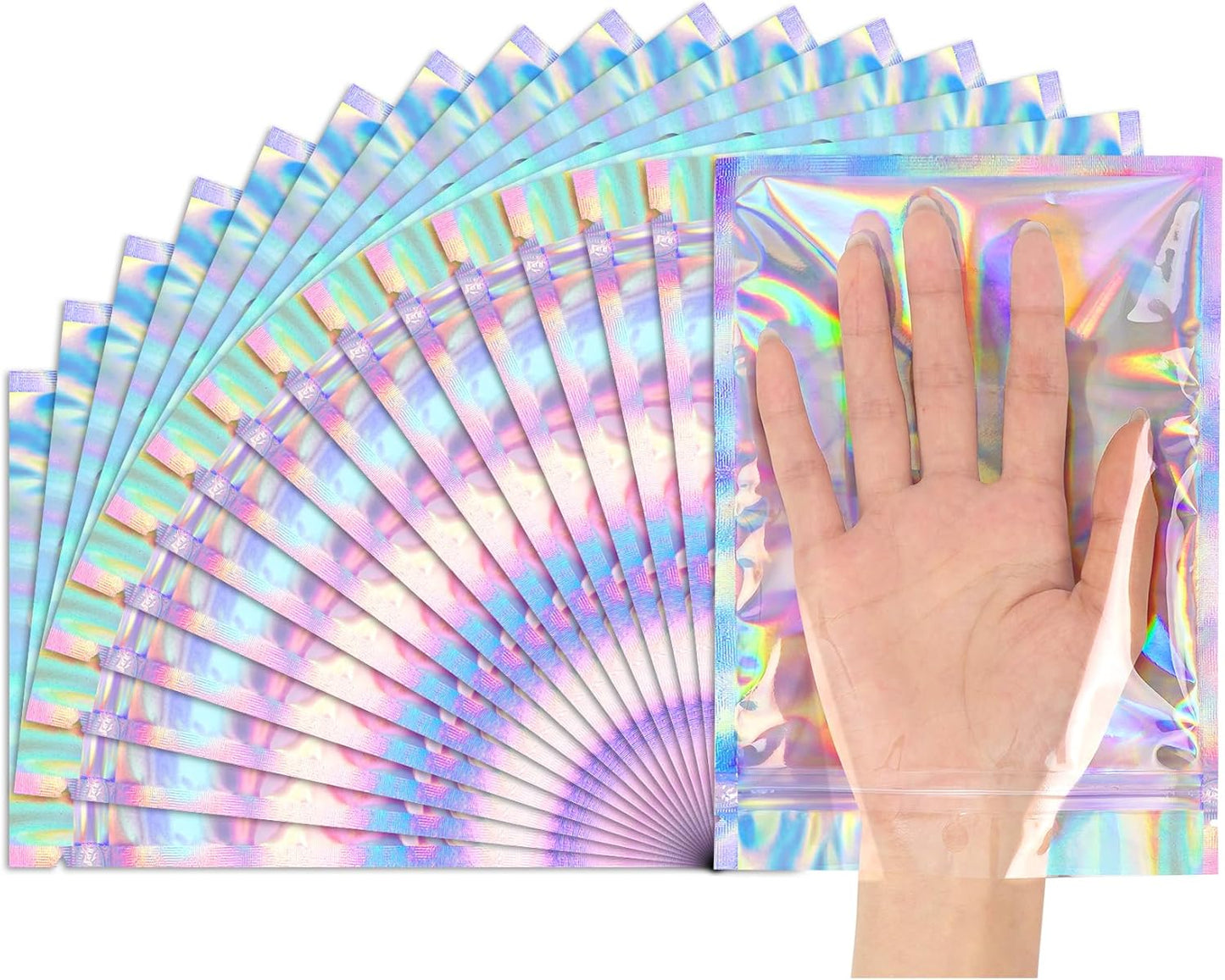 Funfery 50 pcs Mylar Holographic Bags Clear Window Resealable Bags,Foil Bag with Zipper,Sealing Pouch Smell Proof Packaging Bags for Food Storage,Candy,Party Favor Sample Business Supplies(5.5x7.9in)