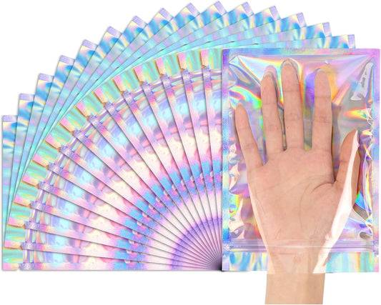 Funfery 50 pcs Mylar Holographic Bags Clear Window Resealable Bags,Foil Bag with Zipper,Sealing Pouch Smell Proof Packaging Bags for Food Storage,Candy,Party Favor Sample Business Supplies(5.5x7.9in)