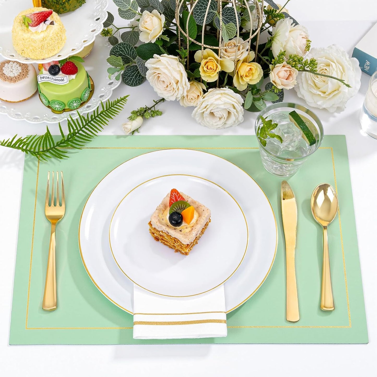 Festiva 350Pcs Gold Plastic Plates - White and Gold Dinnerware Set Disposable include 10" & 7" Plates,Cups,Silverware,Napkins -serve 50 Guests Perfect for Wedding& Birthday &Summer Party