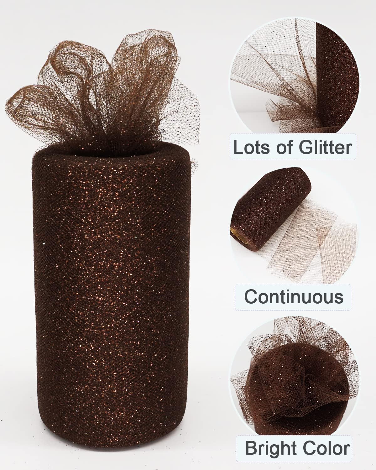 Glitter Tulle Fabric Rolls, 6 Inch 50 Yards (150ft) Sparkling Spool Ribbon Sequin Netting for Tutu Skirt Gift Wrapping Wedding Party Decoration (Brown)