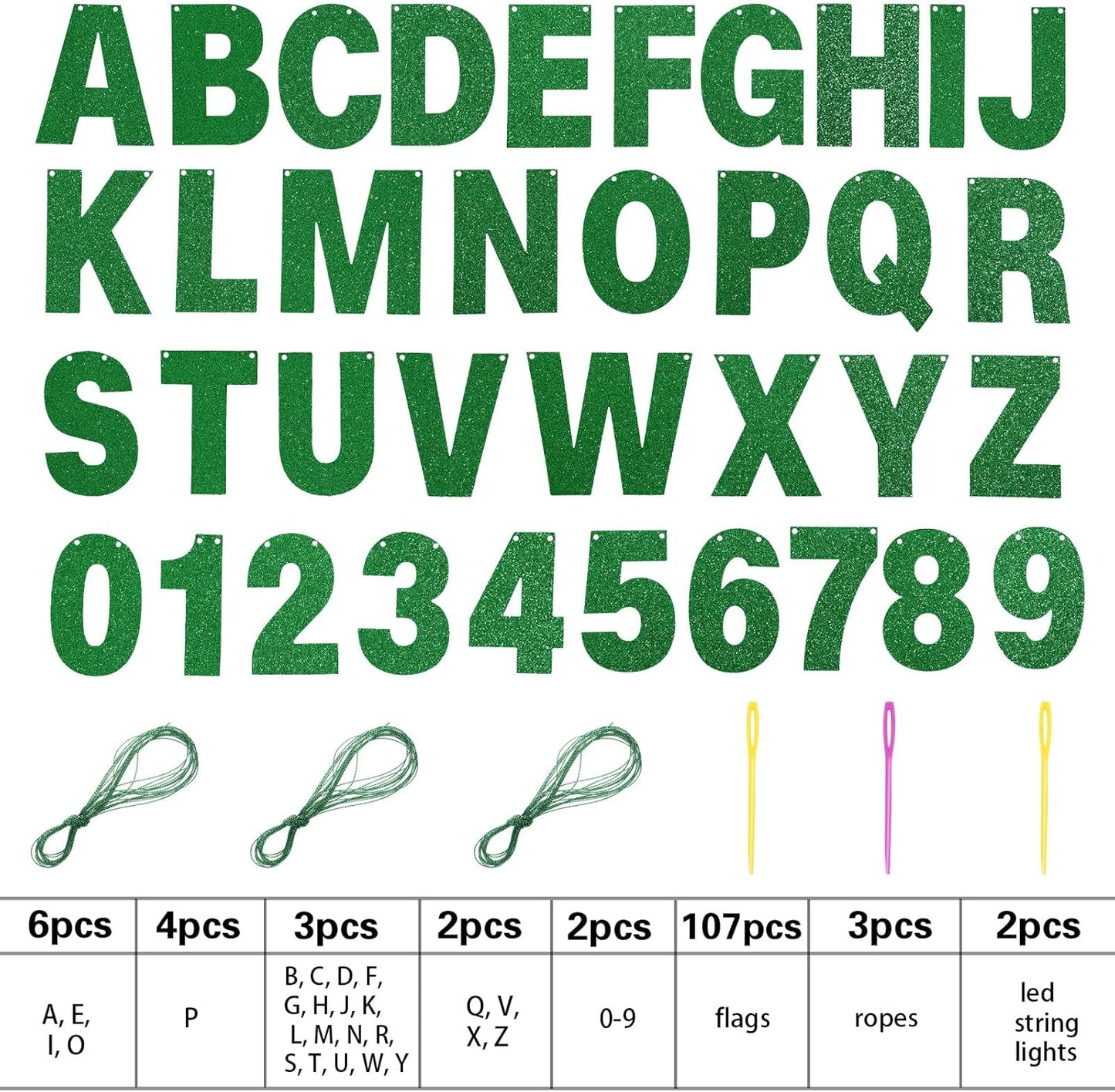 TaoBary 112 Pcs DIY Letter Kit Glitter Customizable Banner Letters Include 107 Letters and Numbers 3 Rope and 2 Needles for Birthday Halloween Christmas Wedding Valentine Party Decor(Green)