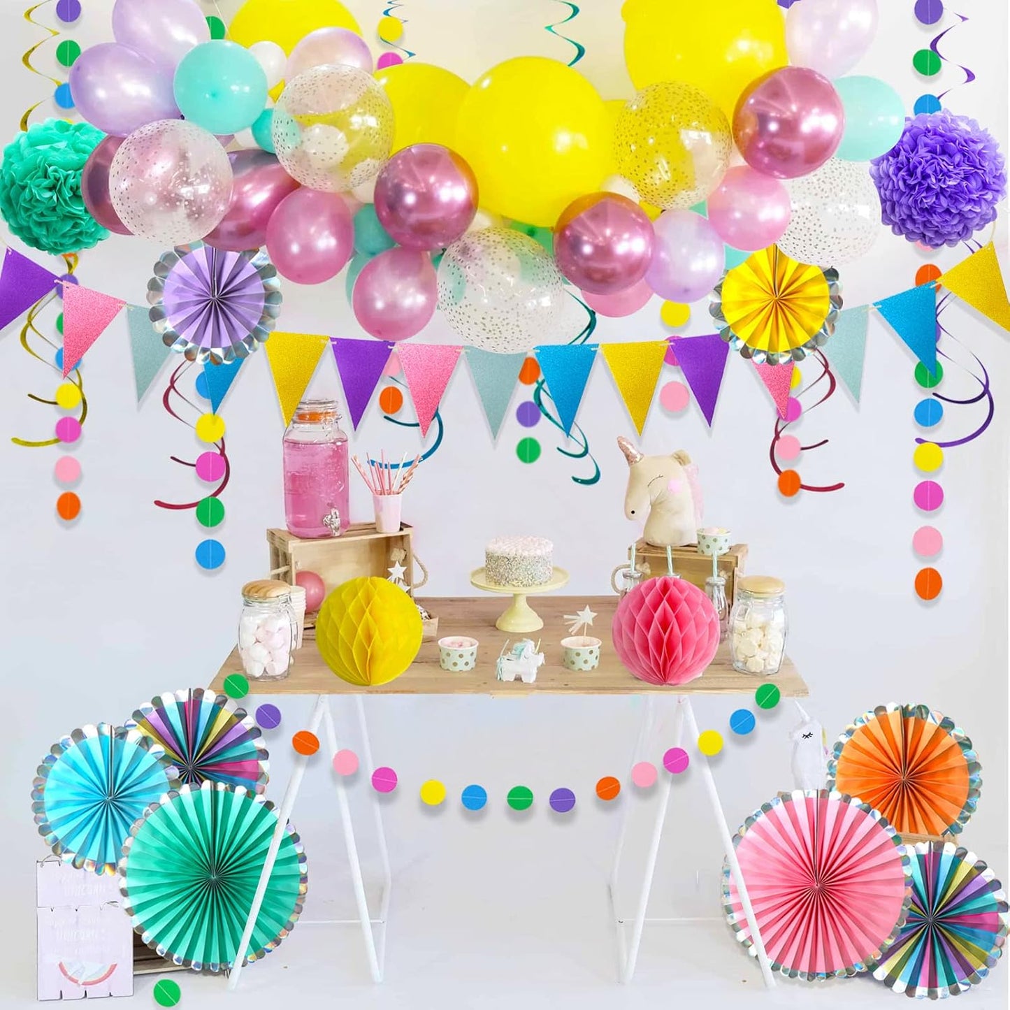 Colorful Hanging Paper Fan Party Decorations, Birthday Decorations Supplies for Women and Men, Fiesta Rainbow Colorful Fans Paper Flowers Tissue Pom and Favors Streamers Banner Decor for Adults Kids