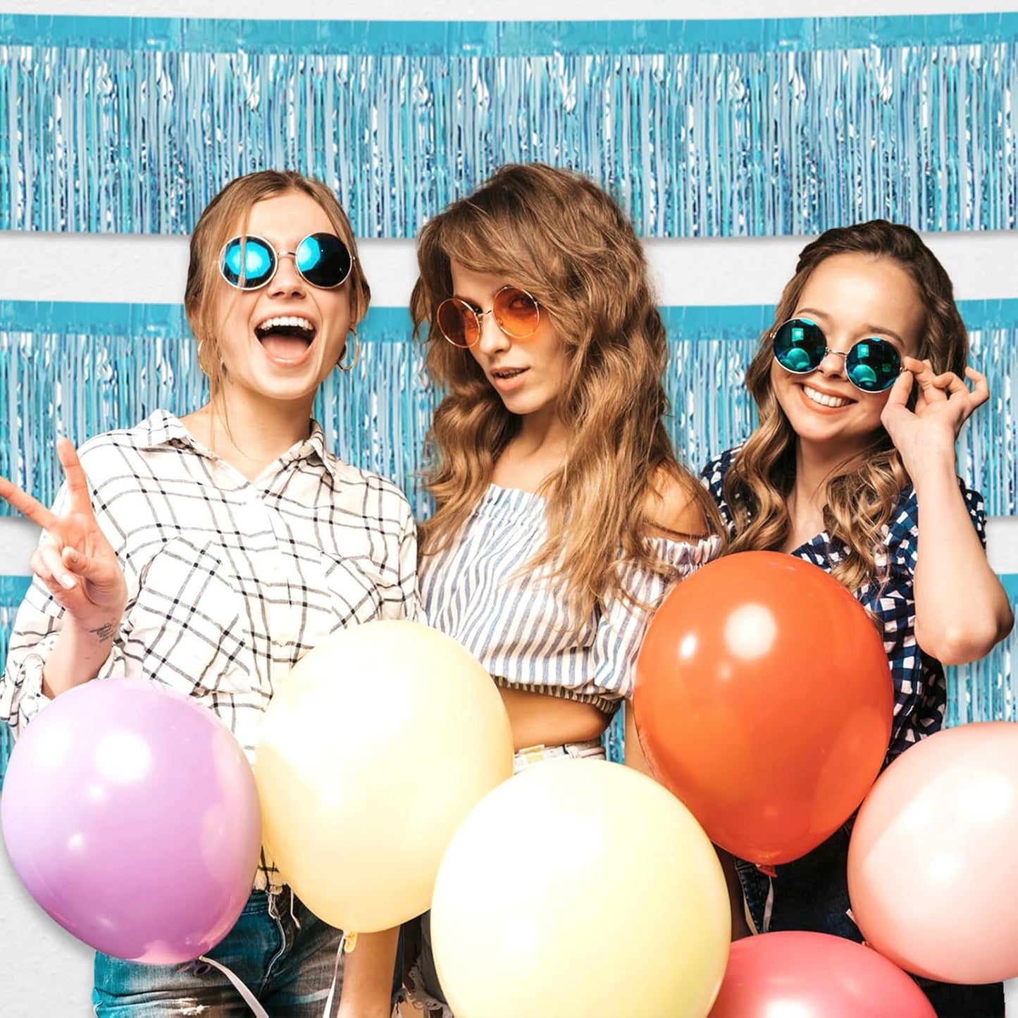 4 Pack 10 Feet Light Blue Foil Fringe Garland Metallic Tinsel Streamers Banner Wall Hanging Curtain Backdrop for Parade Floats, Wedding, Graduate, Mother's Day, Birthday Party Decoration