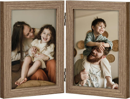 decorUhome Double 4x6 Picture Frame Vertical, Engineered Wood Bifold Photo Frame with Plexiglass for Tabletop Display, 4x6, Oak