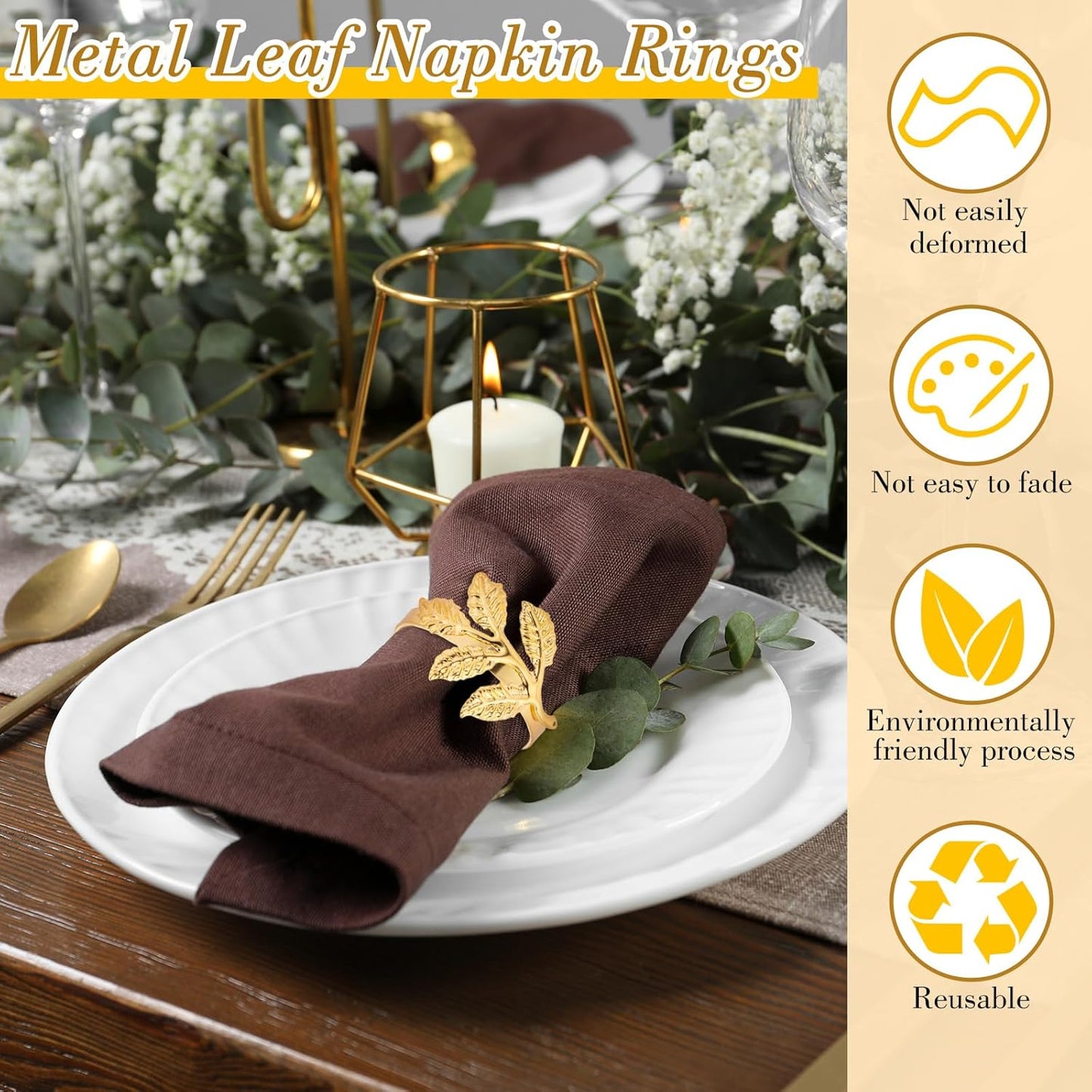 Bokon 50 Pcs Gold Napkin Rings Metal Leaf Napkin Holders Delicate Rings Bulk for Wedding Birthday Party Banquet Decoration(Small Leaves)
