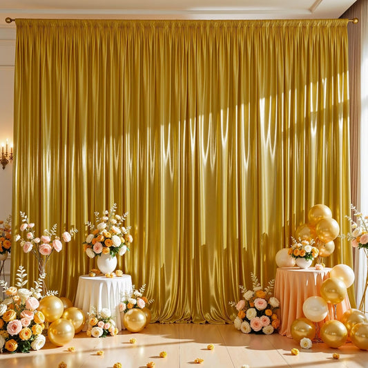 Golden Brown Satin Backdrop Curtains 2 Panels - Glitter Photo Drapes for Baby Shower, 10x10FT Shimmer Back Drop Cloth, Wrinkle Free for Golden 50th Birthday Party Decorations