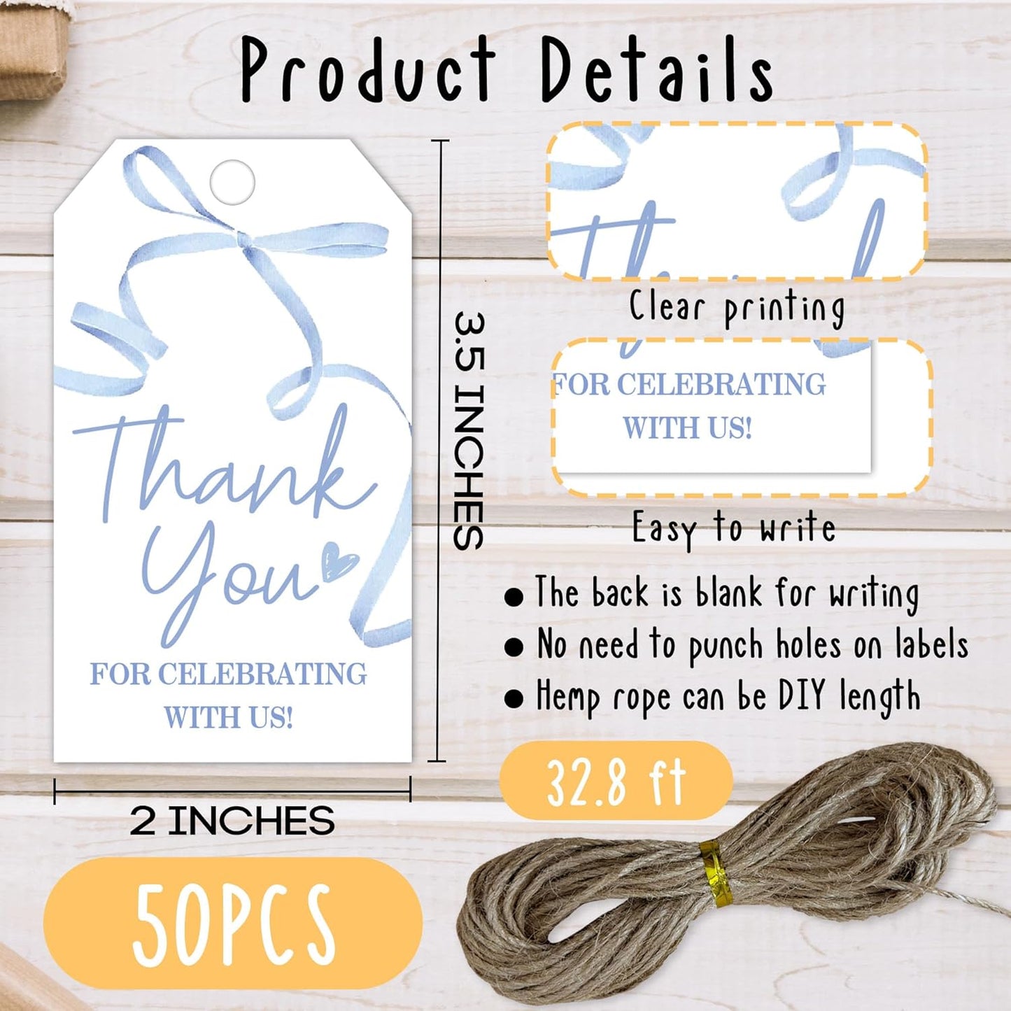 Thank You Gift Labels with String, 2x3.5 Inch Thank You for Celebrating with Us Tag, Blue Bow Print, Gift Tags for Birthday Party Baby Bridal Shower Wedding Favor-A14