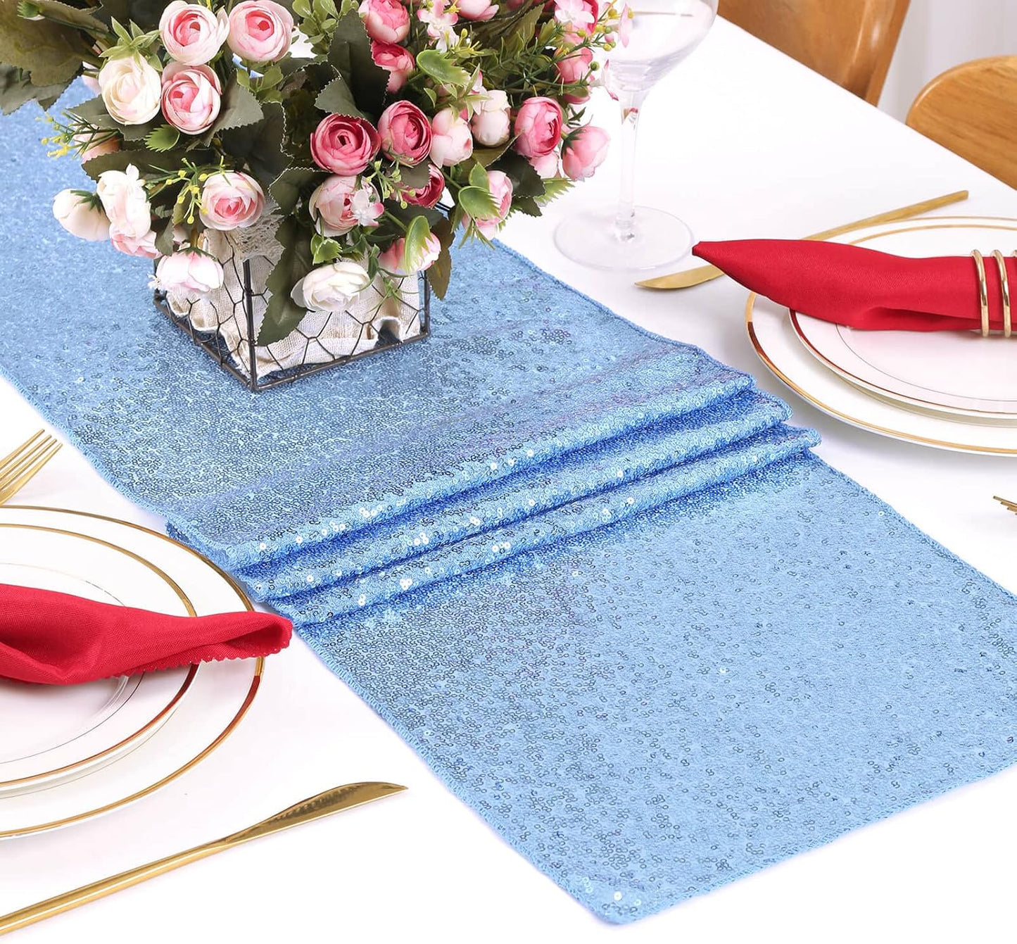 Glitter Sequin Table Runners 10 Pieces 12x108 Inchs Baby Blue Elegant Wedding Sparkly Table Runner Birthday Bachelorette Celebration Decorations Supplies