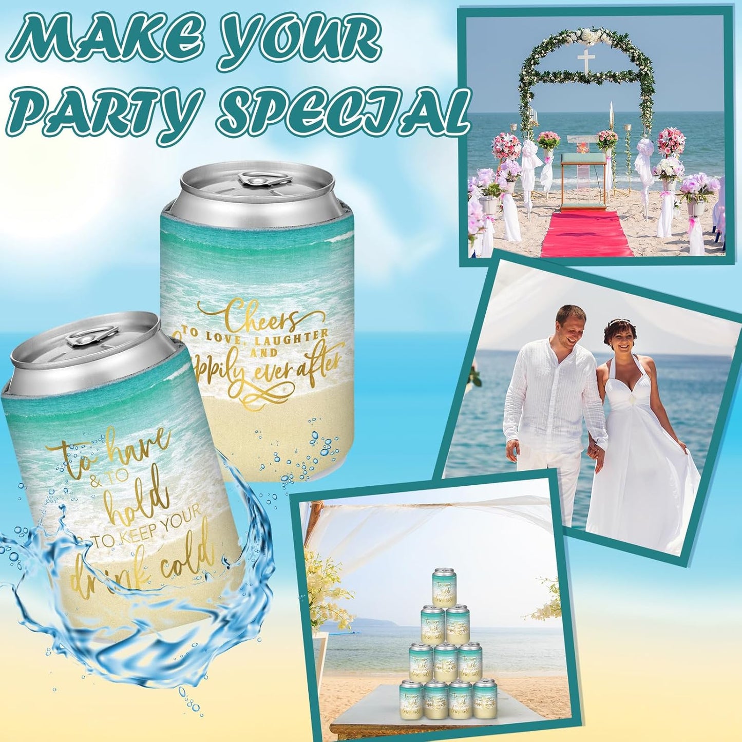 50 Pieces Beach Theme Wedding Can Cooler Bulk Engagement Party Favors for Guests Cheers to Love Laughter and Happily Ever After Rehearsal Dinner Decorations for Wedding Bridal Party