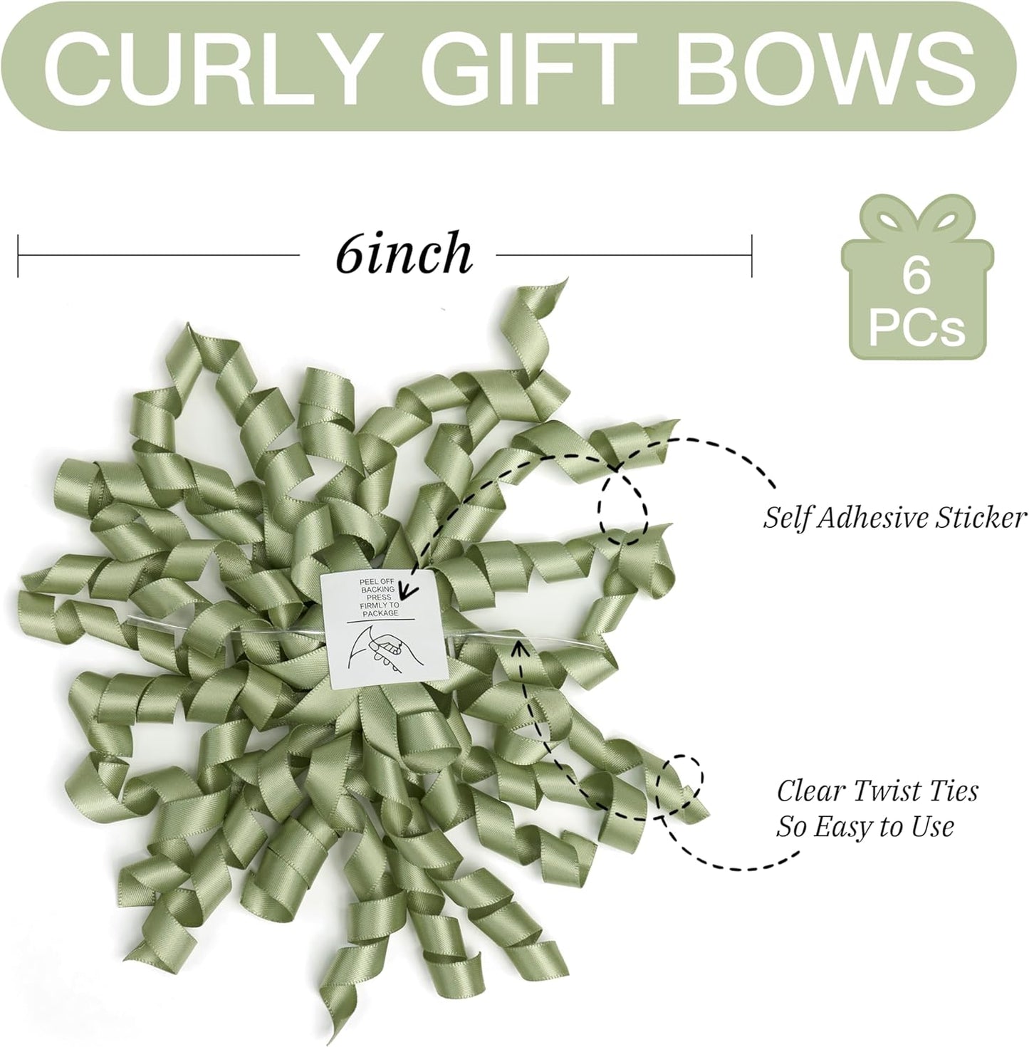 6 Inch Sage Curly Bows for Gift Wrapping Set of 6, Self Adhesive Bows Green Gift Bows for Presents, Satin Ribbon Bows for Birthday, Wedding, Christmas, Bridal Shower, Gift Wrap Accessory