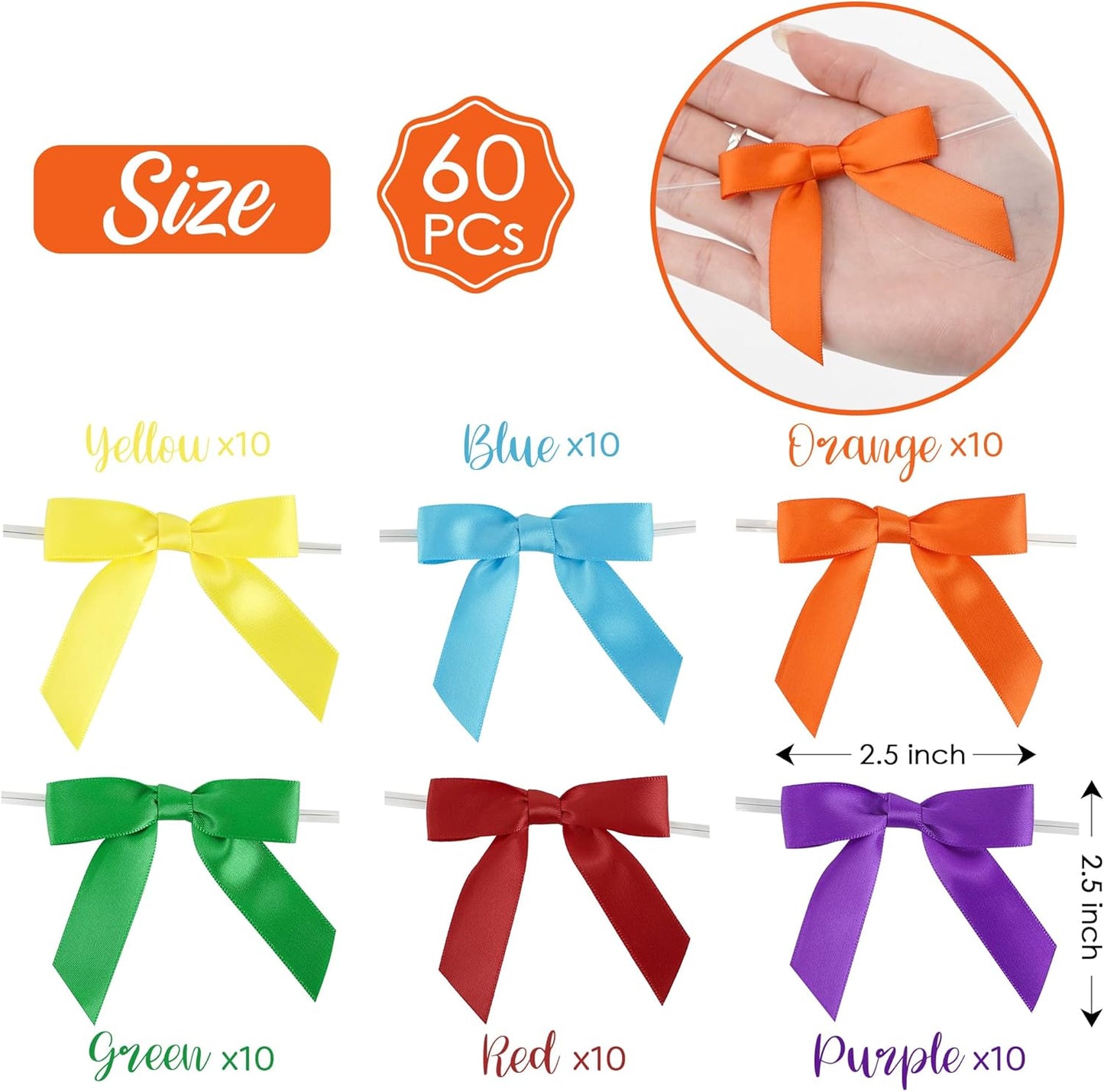 AIMUDI Rainbow Ribbon Bows 2.5" Satin Twist Tie Bows for Gift Wrapping Premade Satin Bows for Making Crafts Treat Bag Baby Shower Birthday Wedding LGBT Party Decoration, 60 PCs